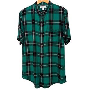 THE RAIL Shirt NWOT Button Down Short Sleeve Green Black Plaid Size Medium